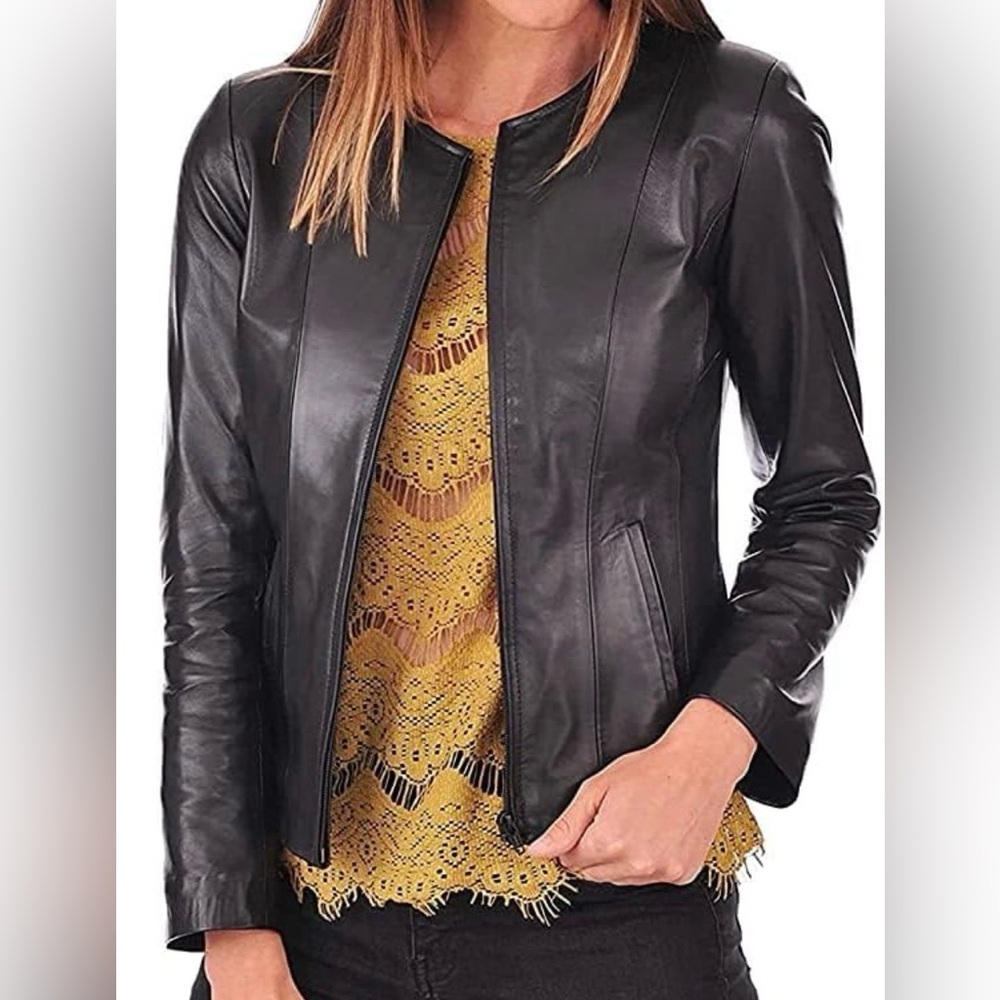 JERRY SHABO Black Soft Leather Jacket Minimalist XS Zip Front Fitted Luxury